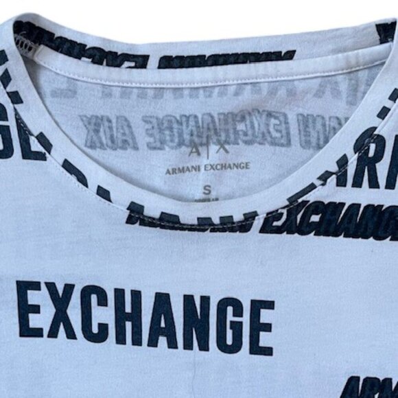 ARMANI EXCHANGE Men's All Over Logo White Navy Crew Neck T-Shirt Tee Size Small - Picture 4 of 7
